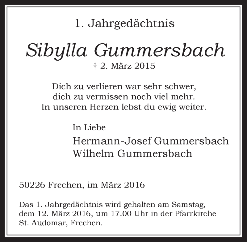  Traueranzeige für Sibylla Gummersbach vom 09.03.2016 aus  Wochenende 