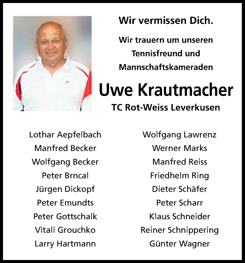  Traueranzeige für Uwe Krautmacher vom 08.03.2016 aus Kölner Stadt-Anzeiger / Kölnische Rundschau / Express