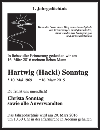 Anzeige von Hartwig Sonntag von  Schaufenster/Blickpunkt 