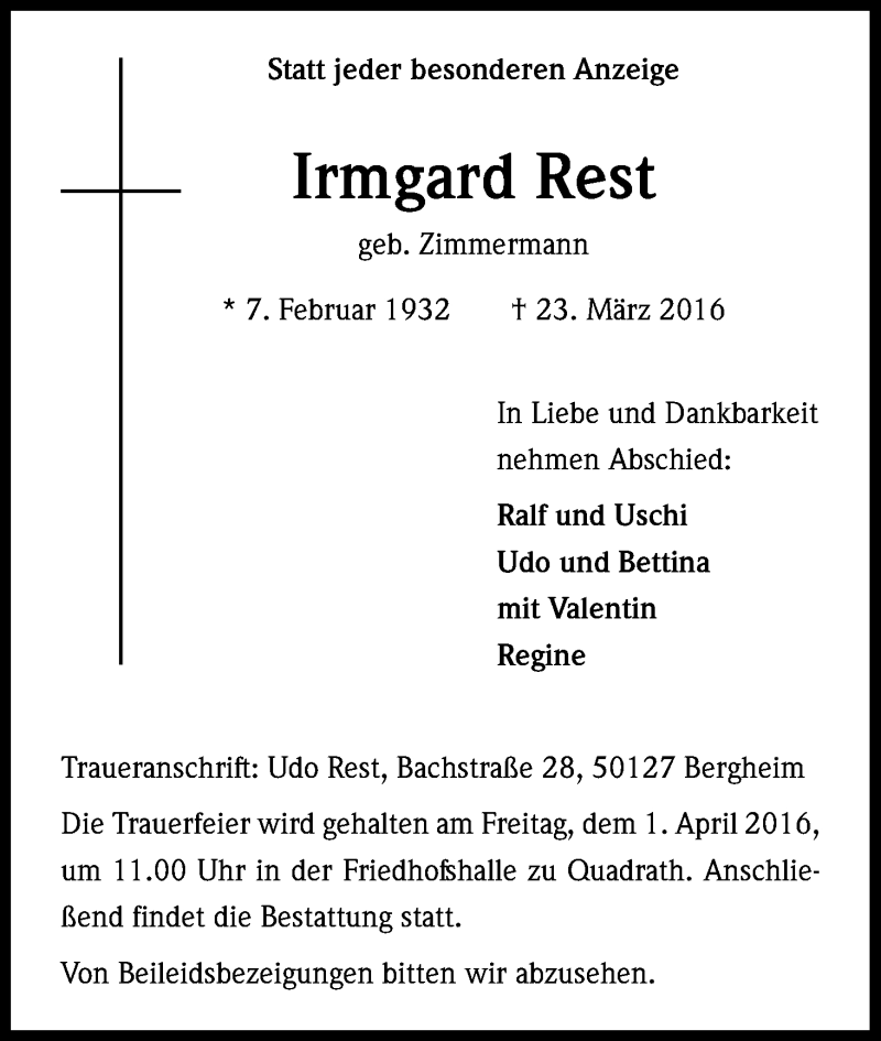  Traueranzeige für Irmgard Rest vom 26.03.2016 aus Kölner Stadt-Anzeiger / Kölnische Rundschau / Express