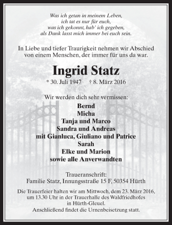Anzeige von Ingrid Statz von  Wochenende 