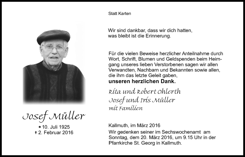  Traueranzeige für Josef Müller vom 13.03.2016 aus  Blickpunkt Euskirchen 