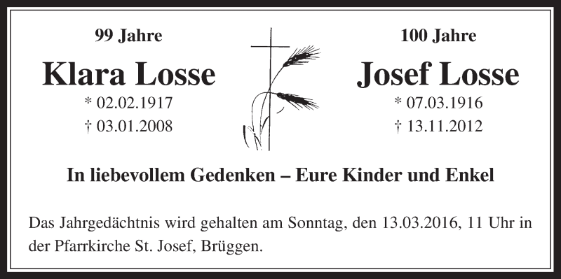  Traueranzeige für Klara und Josef Losse vom 09.03.2016 aus  Werbepost 