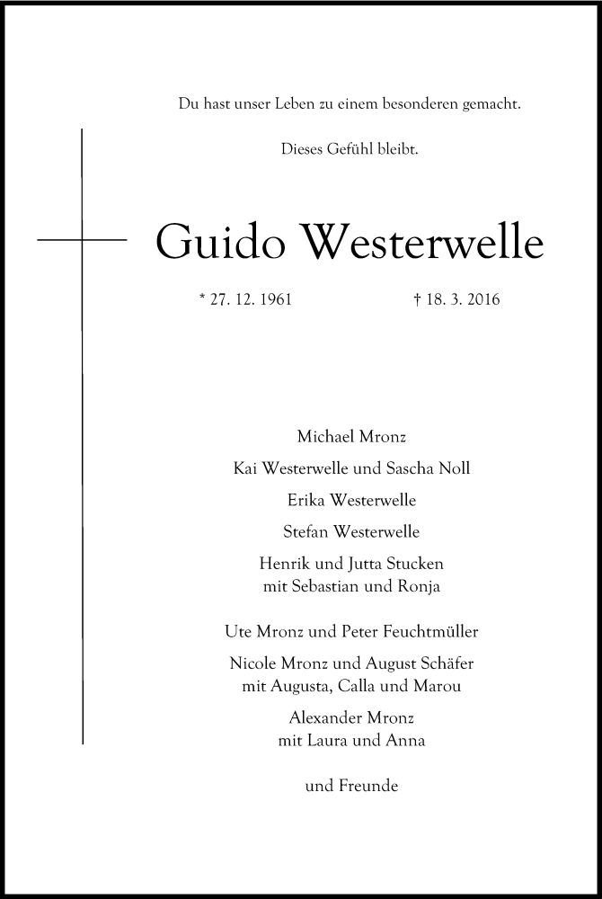  Traueranzeige für Guido Westerwelle vom 24.03.2016 aus Kölner Stadt-Anzeiger / Kölnische Rundschau / Express
