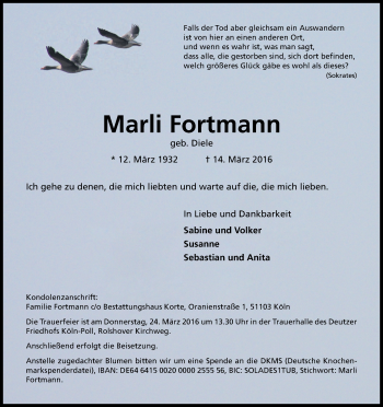 Anzeige von Marli Fortmann von Kölner Stadt-Anzeiger / Kölnische Rundschau / Express