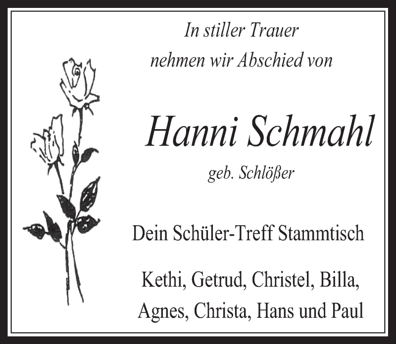  Traueranzeige für Hanni Schmahl vom 16.03.2016 aus  Wochenende 