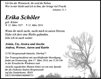 Anzeige von Erika Schöler von Kölner Stadt-Anzeiger / Kölnische Rundschau / Express