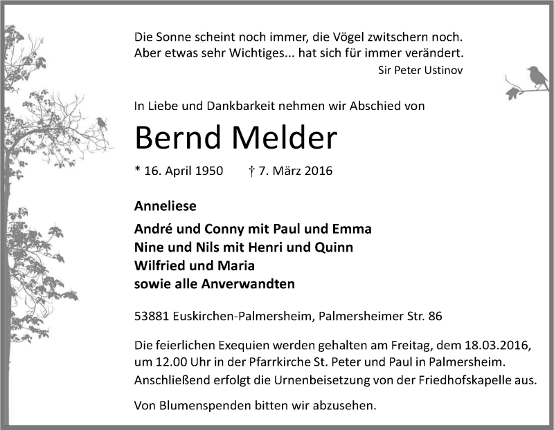  Traueranzeige für Bernd Melder vom 15.03.2016 aus Kölner Stadt-Anzeiger / Kölnische Rundschau / Express