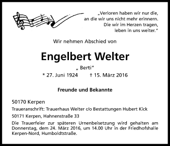 Anzeige von Engelbert Welter von Kölner Stadt-Anzeiger / Kölnische Rundschau / Express