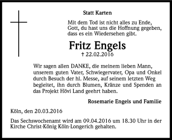 Anzeige von Fritz, Friedrich Wilhelm Engels von Kölner Stadt-Anzeiger / Kölnische Rundschau / Express