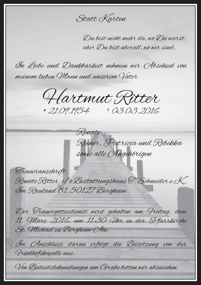  Traueranzeige für Hartmut Ritter vom 09.03.2016 aus  Werbepost 