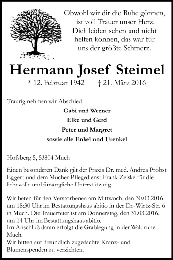 Anzeige von Hermann Josef Steimel von Kölner Stadt-Anzeiger / Kölnische Rundschau / Express