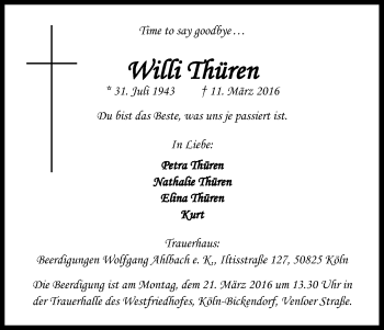 Anzeige von Willi Thüren von Kölner Stadt-Anzeiger / Kölnische Rundschau / Express
