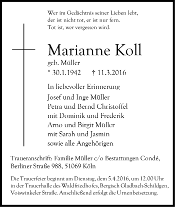 Anzeige von Marianne Koll von Kölner Stadt-Anzeiger / Kölnische Rundschau / Express