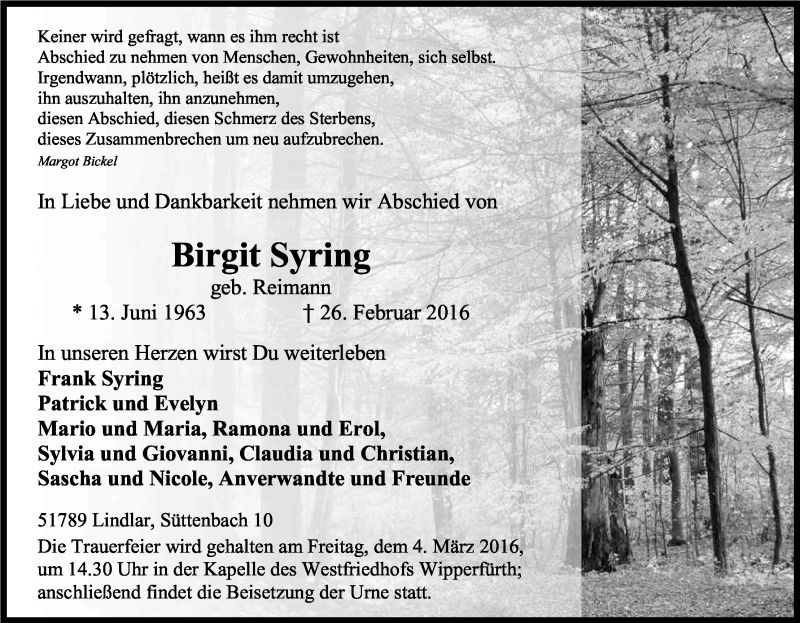  Traueranzeige für Birgit Syring vom 02.03.2016 aus Kölner Stadt-Anzeiger / Kölnische Rundschau / Express