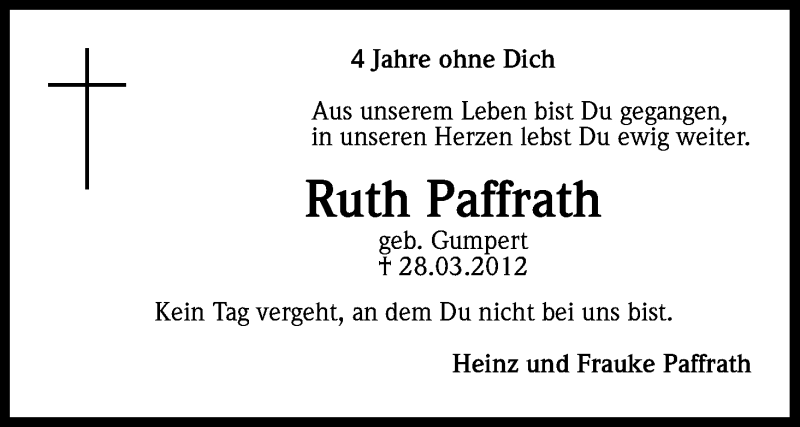  Traueranzeige für Ruth Paffrath vom 29.03.2016 aus Kölner Stadt-Anzeiger / Kölnische Rundschau / Express