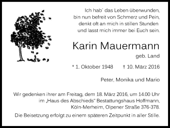 Anzeige von Karin Mauermann von Kölner Stadt-Anzeiger / Kölnische Rundschau / Express