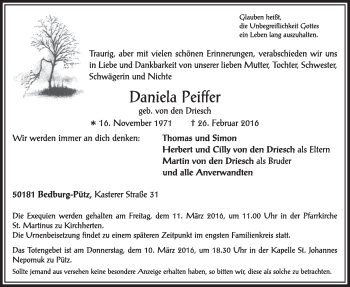 Anzeige von Daniela Peiffer von  Sonntags-Post 