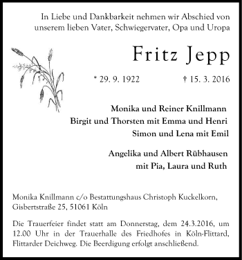 Anzeige von Fritz Jepp von Kölner Stadt-Anzeiger / Kölnische Rundschau / Express