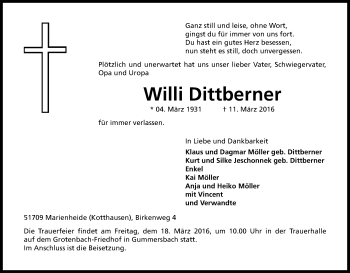 Anzeige von Willi Dittberner von Kölner Stadt-Anzeiger / Kölnische Rundschau / Express