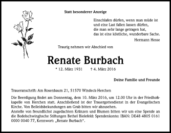 Anzeige von Renate Burbach von Kölner Stadt-Anzeiger / Kölnische Rundschau / Express