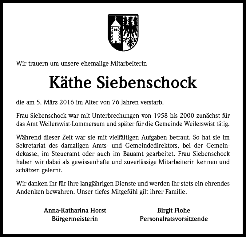  Traueranzeige für Käthe Siebenschock vom 11.03.2016 aus Kölner Stadt-Anzeiger / Kölnische Rundschau / Express