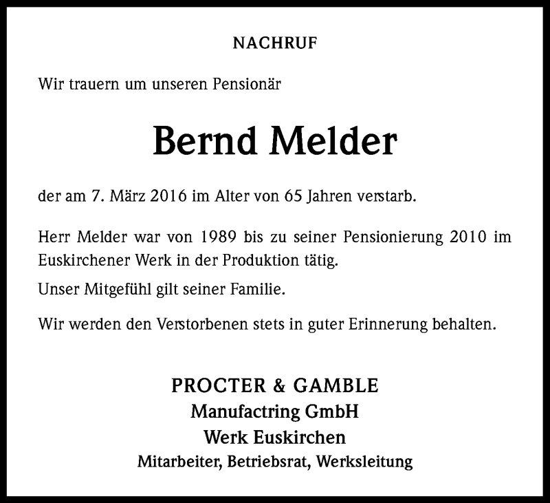  Traueranzeige für Bernd Melder vom 19.03.2016 aus Kölner Stadt-Anzeiger / Kölnische Rundschau / Express