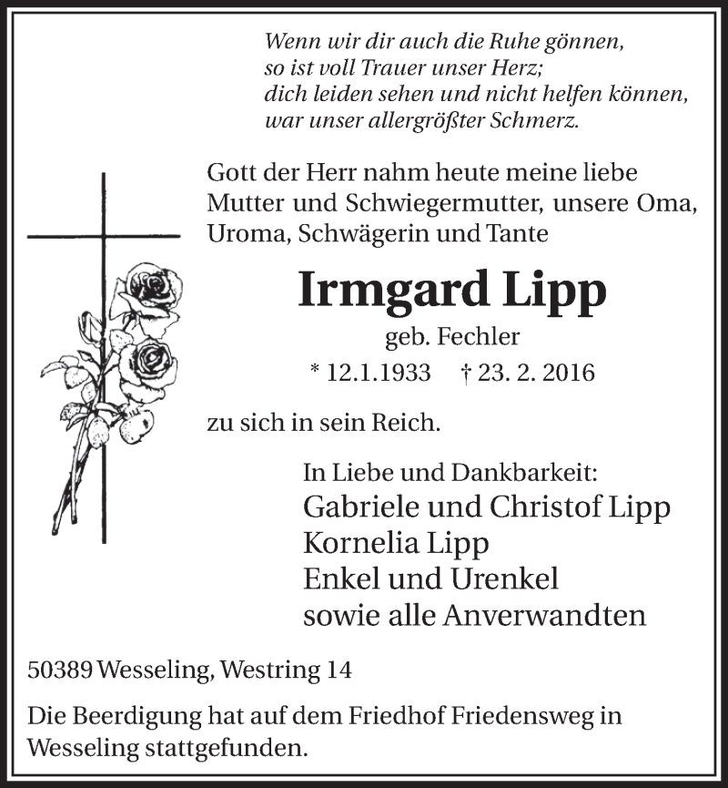  Traueranzeige für Irmgard Lipp vom 02.03.2016 aus  Schlossbote/Werbekurier 