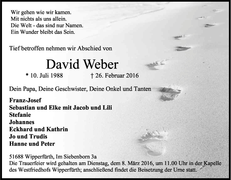  Traueranzeige für David Weber vom 04.03.2016 aus Kölner Stadt-Anzeiger / Kölnische Rundschau / Express