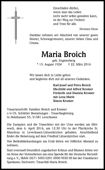 Anzeige von Maria Broich von Kölner Stadt-Anzeiger / Kölnische Rundschau / Express