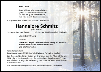 Anzeige von Hannelore Schmitz von Kölner Stadt-Anzeiger / Kölnische Rundschau / Express