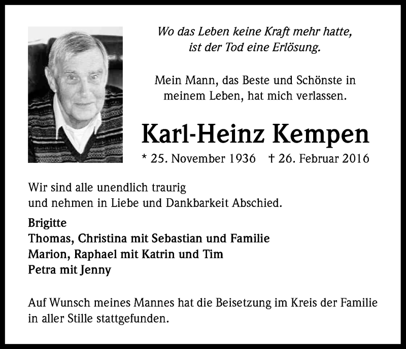  Traueranzeige für Karl-Heinz Kempen vom 05.03.2016 aus Kölner Stadt-Anzeiger / Kölnische Rundschau / Express