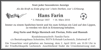 Anzeige von Hans Farin von  Werbepost 
