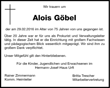 Anzeige von Alois Göbel von Kölner Stadt-Anzeiger / Kölnische Rundschau / Express
