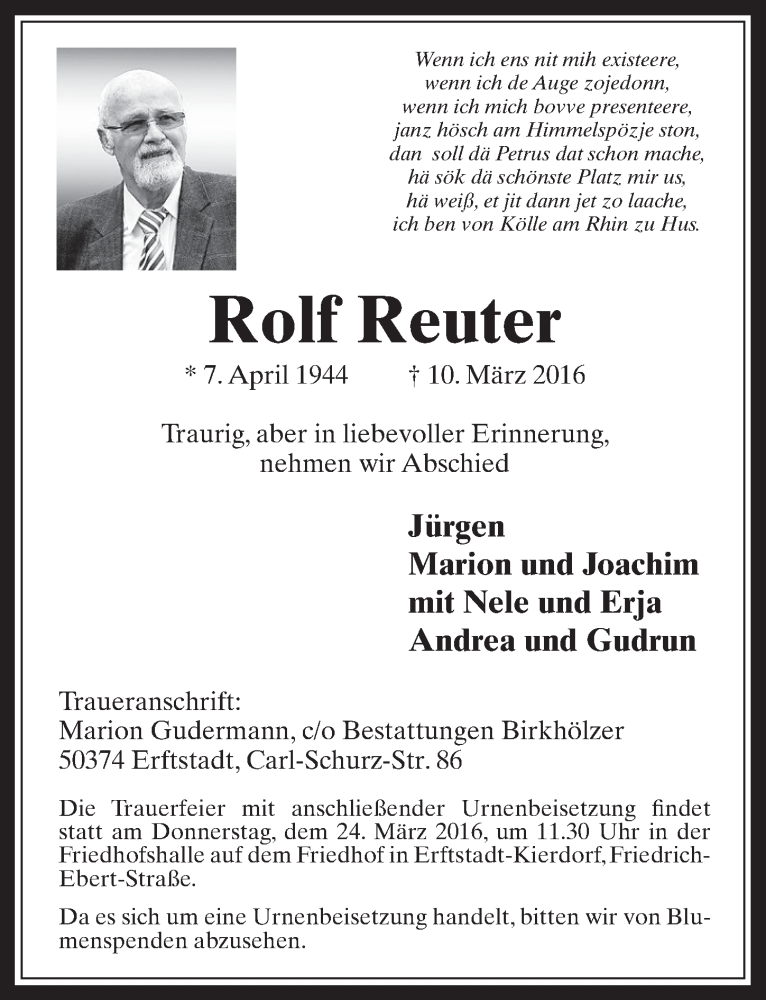  Traueranzeige für Rolf Reuter vom 23.03.2016 aus  Werbepost 
