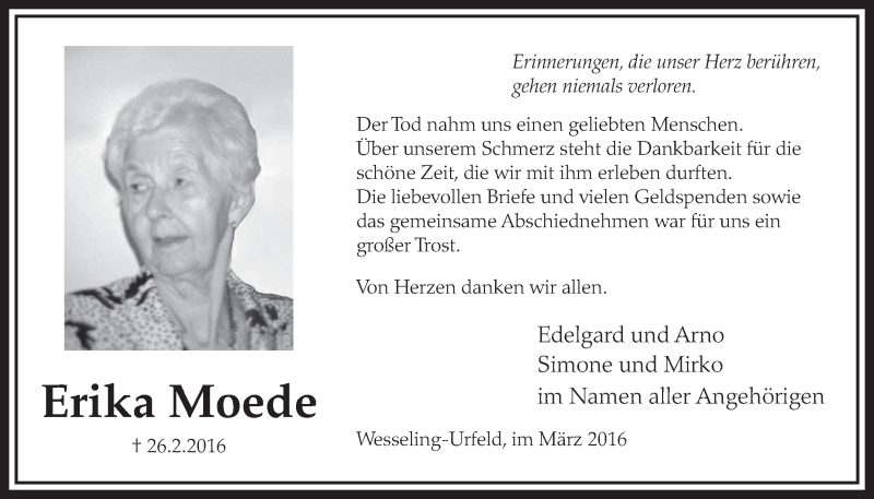  Traueranzeige für Erika Moede vom 16.03.2016 aus  Schlossbote/Werbekurier 