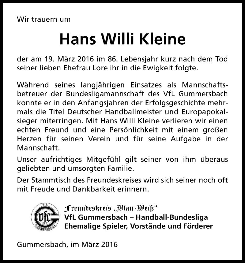  Traueranzeige für Hans Willi Kleine vom 31.03.2016 aus Kölner Stadt-Anzeiger / Kölnische Rundschau / Express