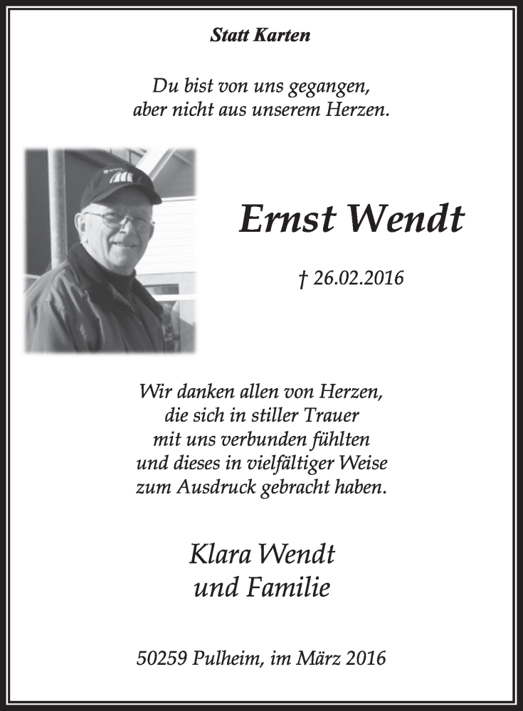  Traueranzeige für Ernst Wendt vom 19.03.2016 aus  Sonntags-Post 