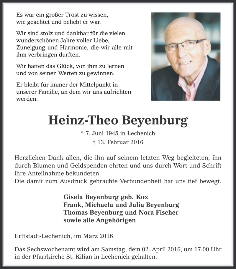  Traueranzeige für Heinz-Theo Beyenburg vom 30.03.2016 aus  Werbepost 