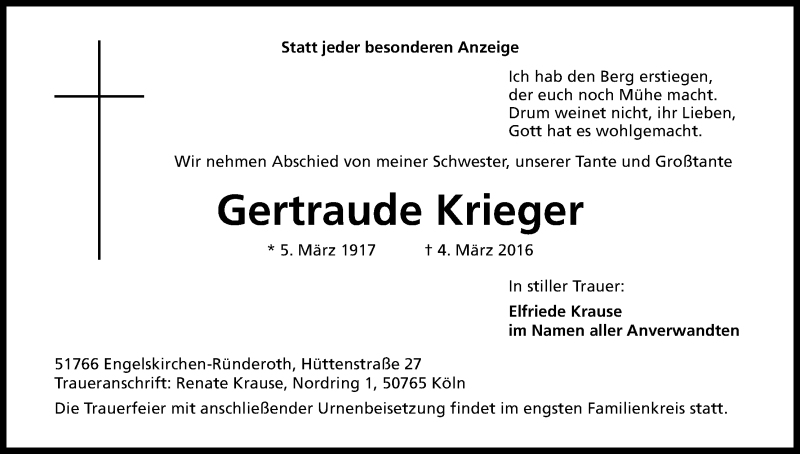  Traueranzeige für Gertraude Krieger vom 12.03.2016 aus Kölner Stadt-Anzeiger / Kölnische Rundschau / Express