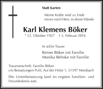 Anzeige von Karl Klemens Böker von  Lokalanzeiger 