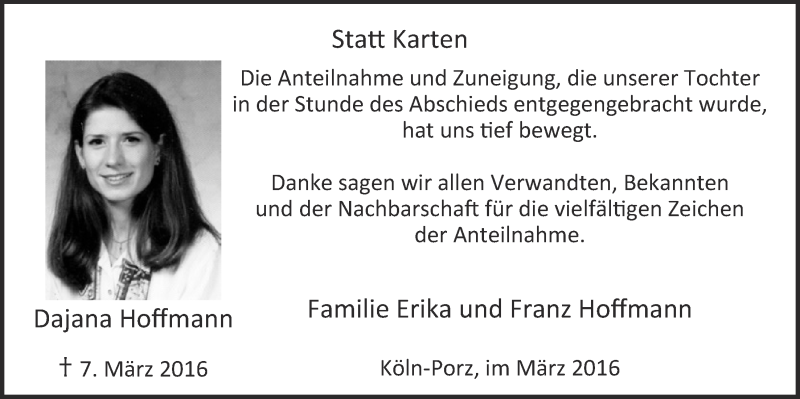  Traueranzeige für Dajana Hoffmann vom 30.03.2016 aus  Kölner Wochenspiegel 