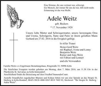 Anzeige von Adele Weitz von Kölner Stadt-Anzeiger / Kölnische Rundschau / Express