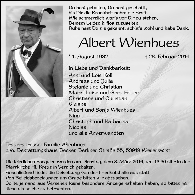  Traueranzeige für Albert Wienhues vom 06.03.2016 aus  Blickpunkt Euskirchen 