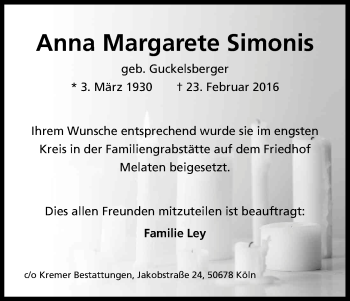 Anzeige von Anna Margarete Simonis von Kölner Stadt-Anzeiger / Kölnische Rundschau / Express