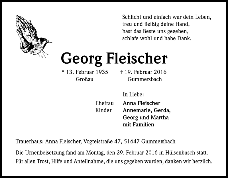 Traueranzeige für Georg Fleischer vom 12.03.2016 aus Kölner Stadt-Anzeiger / Kölnische Rundschau / Express