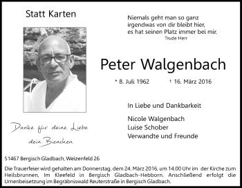 Anzeige von Peter Walgenbach von Kölner Stadt-Anzeiger / Kölnische Rundschau / Express