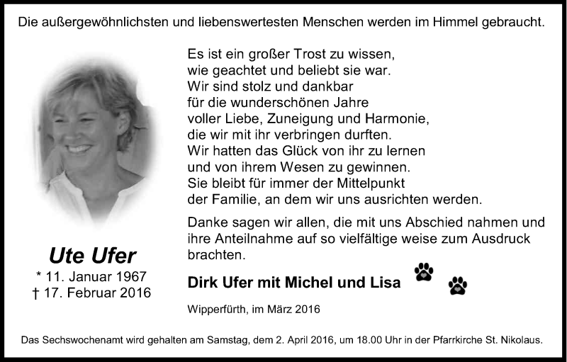  Traueranzeige für Ute Ufer vom 26.03.2016 aus Kölner Stadt-Anzeiger / Kölnische Rundschau / Express