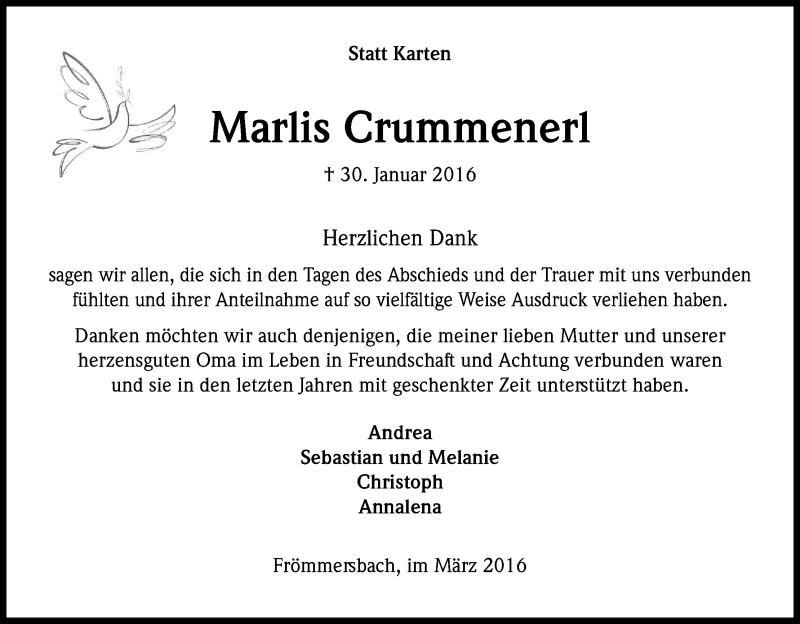  Traueranzeige für Marlis Crummenerl vom 07.03.2016 aus Kölner Stadt-Anzeiger / Kölnische Rundschau / Express