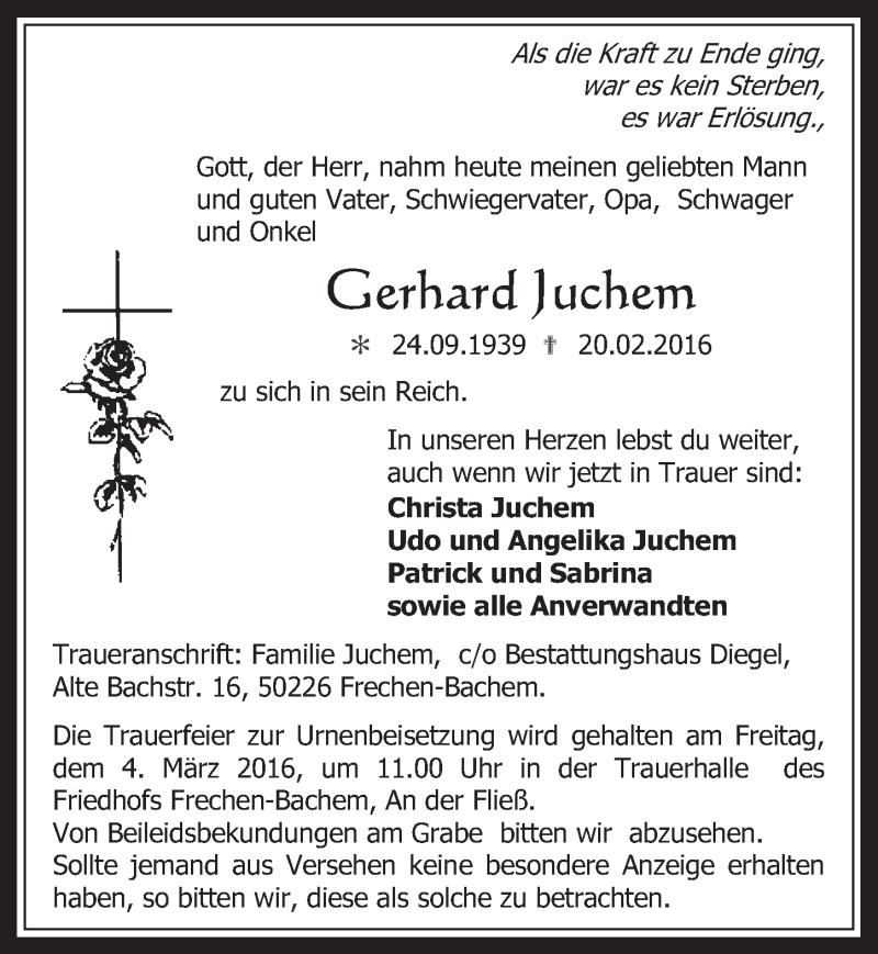  Traueranzeige für Gerhard Juchem vom 02.03.2016 aus  Wochenende 